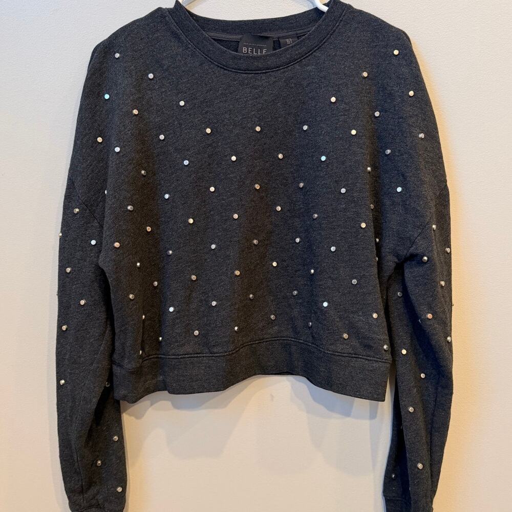 Belle Vere Charcoal Rhinestone Studded Cropped Crewneck Y2K Sweatshirt Size S